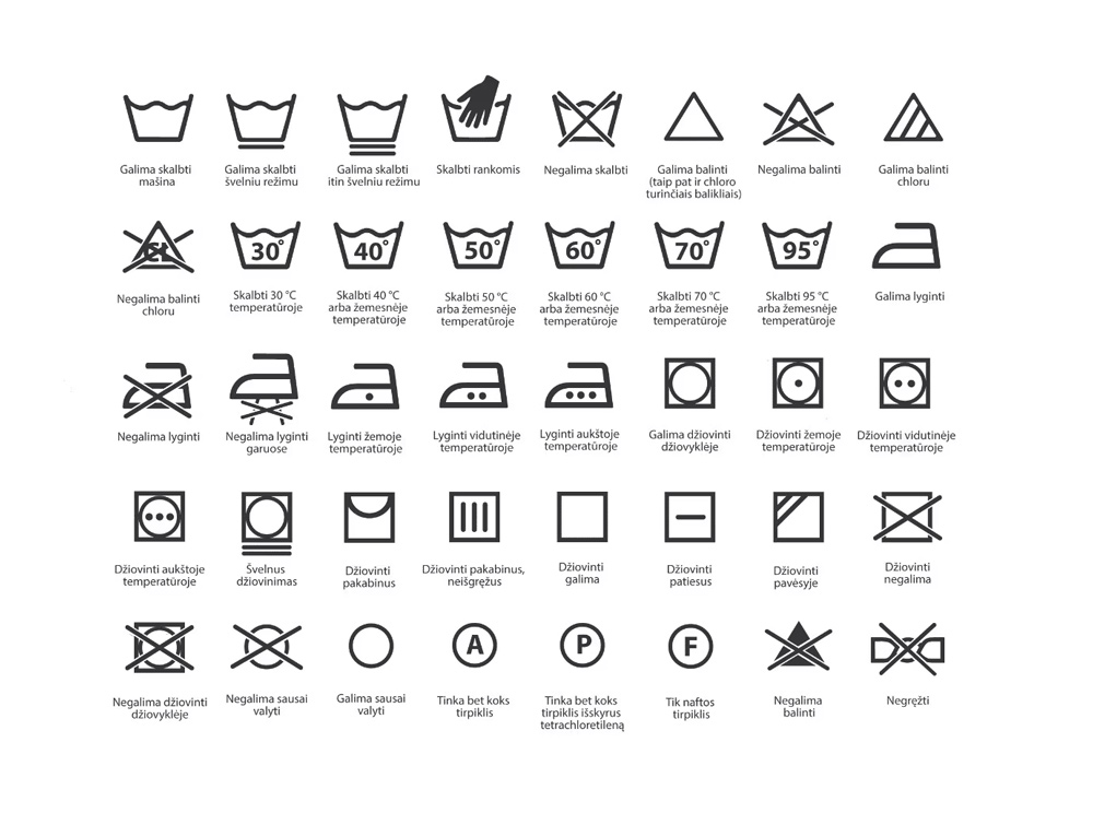 drabužių priežiūros simboliai